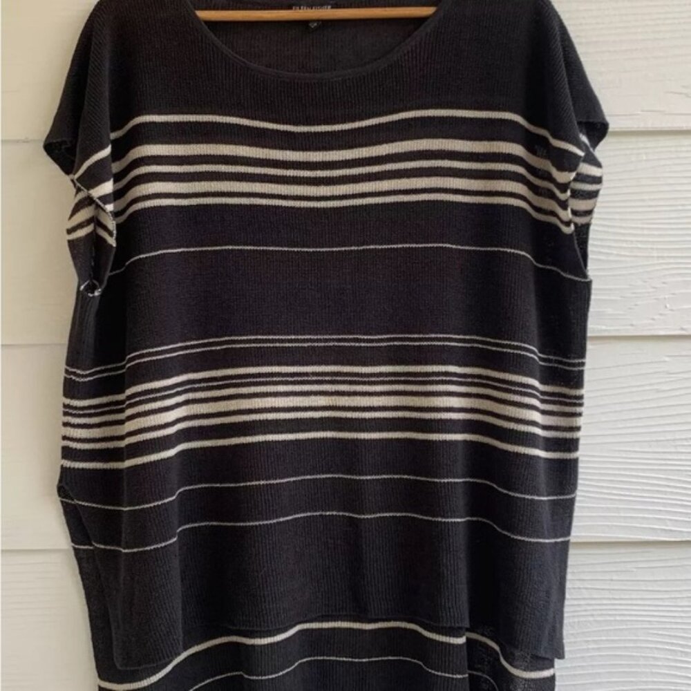 Eileen Fisher Fine Linen Crepe Knit Poncho Top Graphite/Bone Sz L High Low Hem.